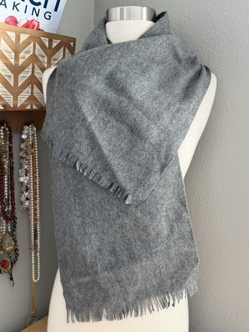 Vintage Gray Cashmere Wool Scarf Unisex 48" x 10.75" Fringe Made West Germany